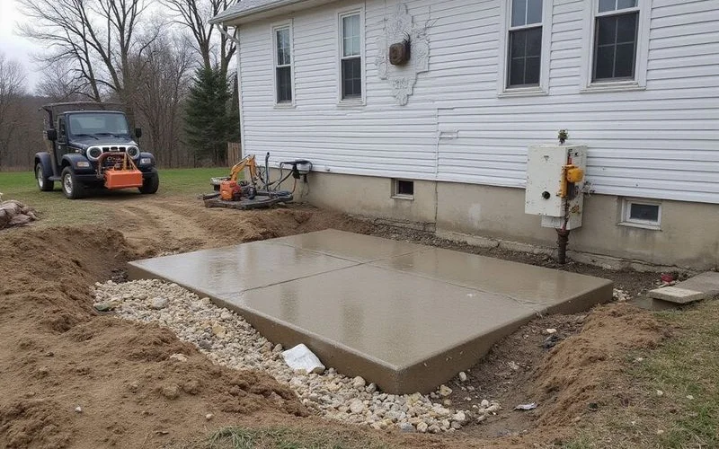 Foundation-area concrete leveling crew using minimally invasive 3/8-inch drill ports to inject limestone foam beneath a settled residential slab in Metro Detroit