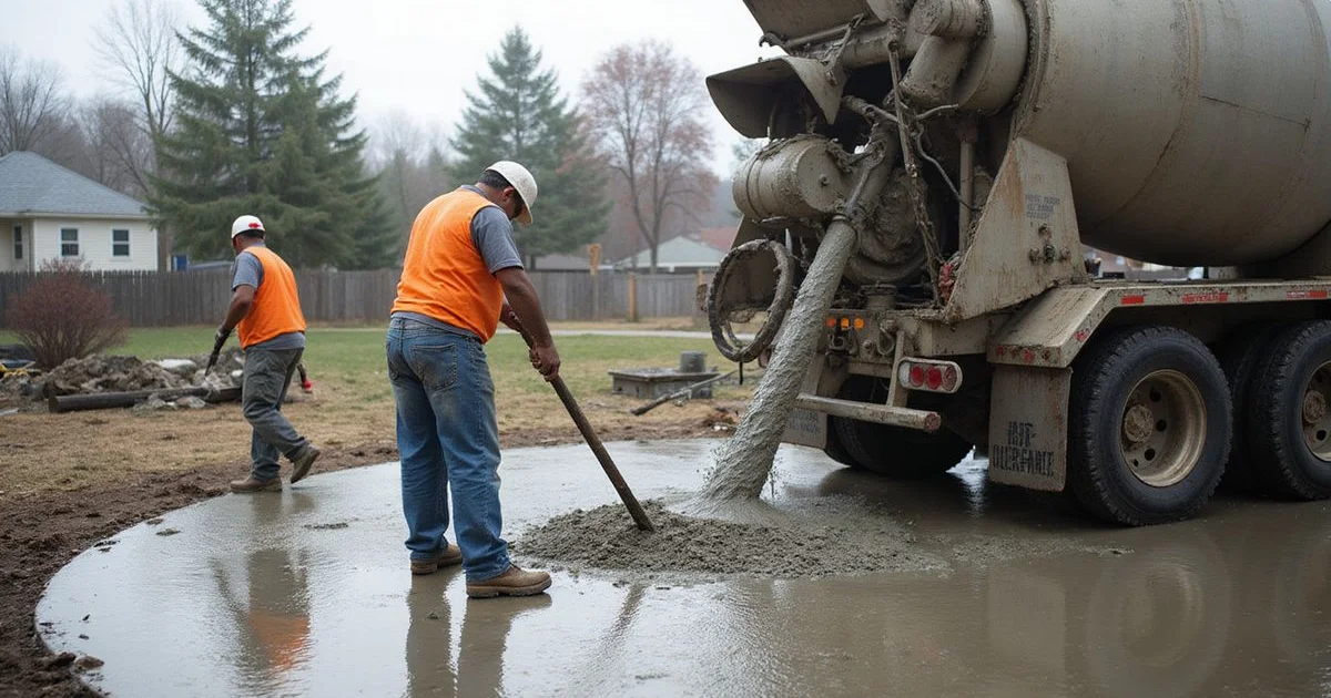 Crew pouring a small new concrete pad on a Metro Detroit residential lot