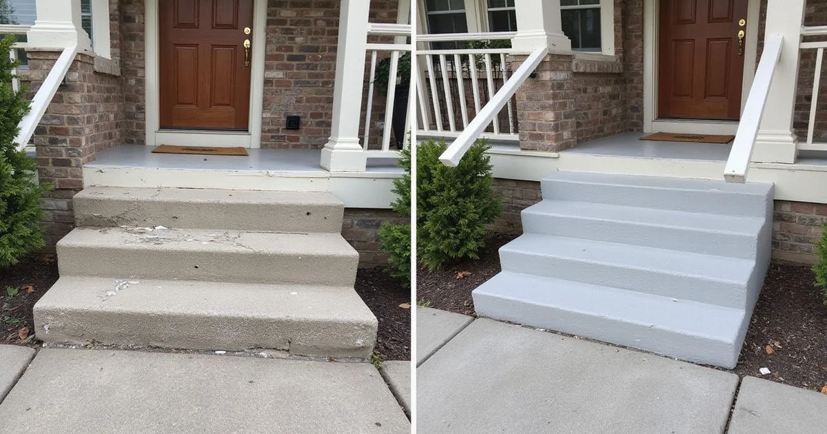 Side-by-side: crumbling vs. precast concrete porch steps