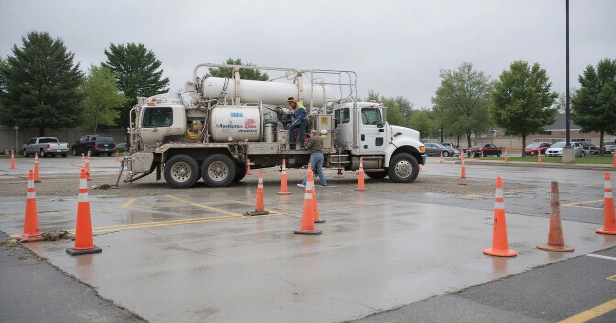 Metro Detroit retail parking lot with traffic cones around the work zone