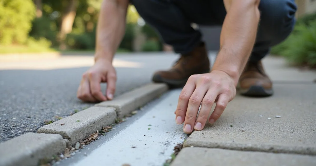 Property owner inspecting joint sealant on a Metro Detroit driveway