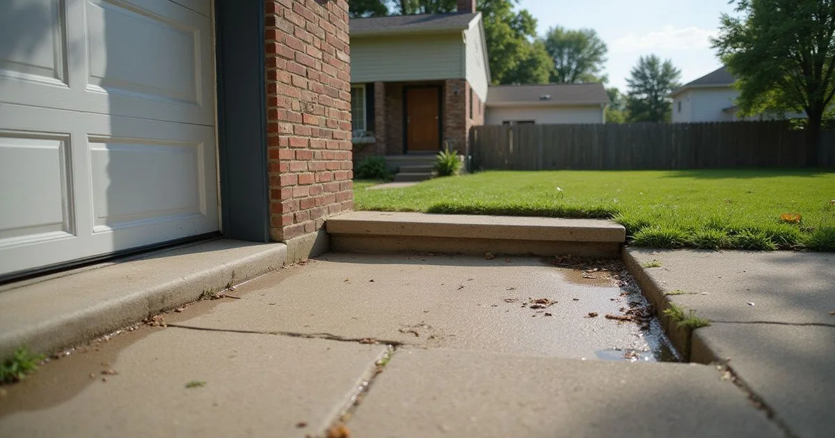 Sunken Metro Detroit residential driveway with visible drop at the garage threshold