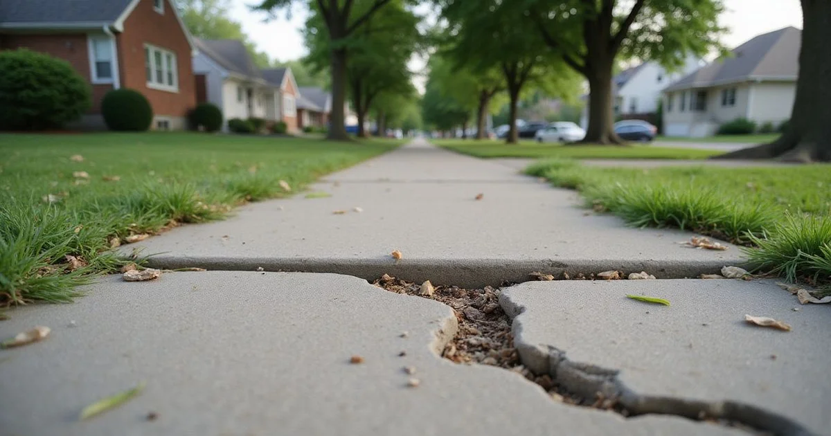 Tree-root upheaval cracking a Metro Detroit sidewalk