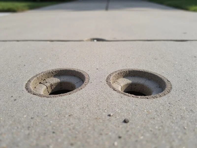 Close-up of nearly invisible 3/8-inch drill ports after a leveling job